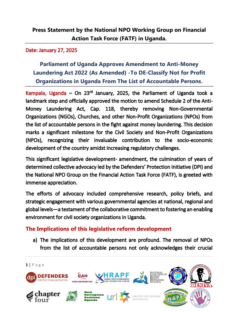 Parliament Approves Amendment to De-Classify NPOs as Accountable Persons